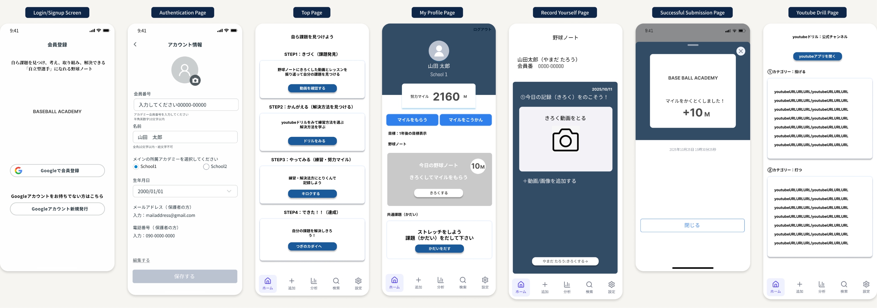 Baseball Academy wireframes — full flow from registration to task completion